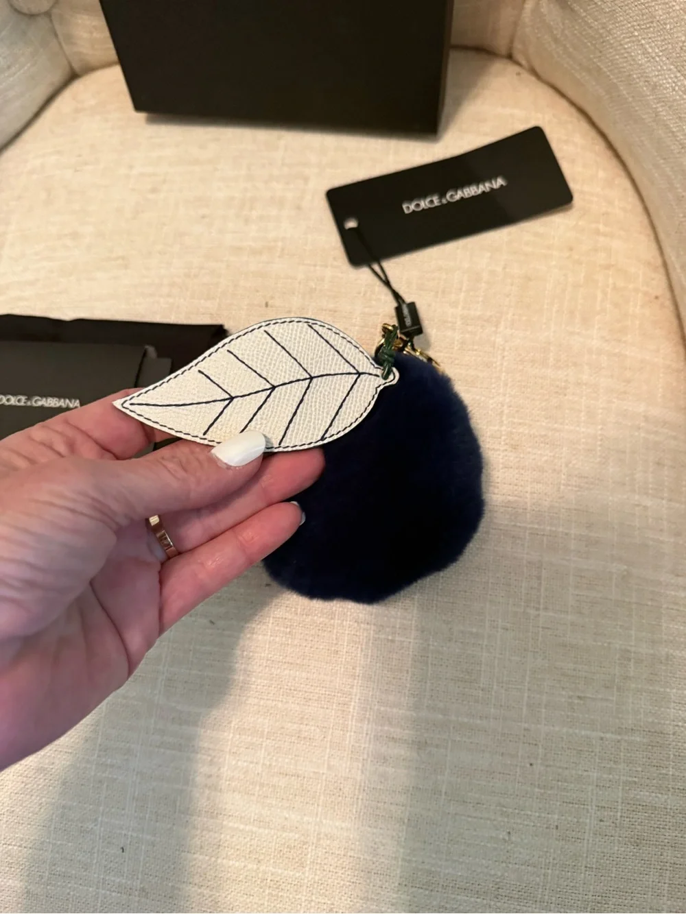 Dolce & Gabbana Navy Blue Fur Pom Pom Keyring with Gold Hardware